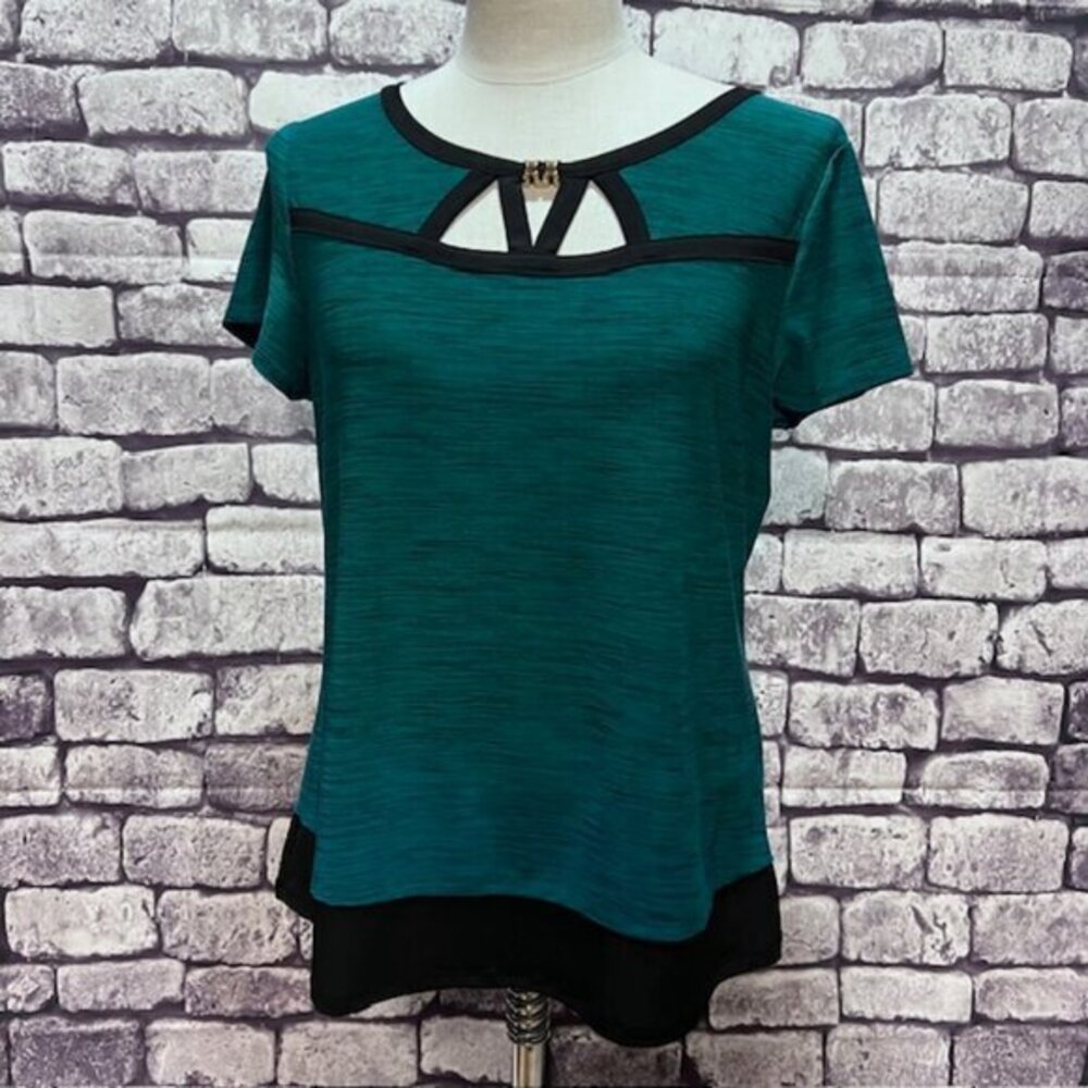 Susan Lawrence Green & Black Short Sleeve Blouse Size L